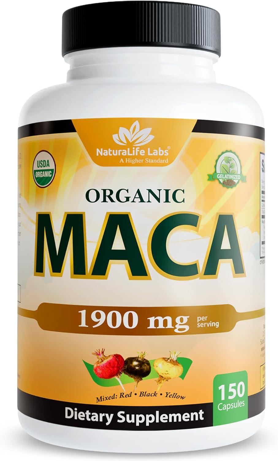 NaturaLife Labs Organic Maca Root – Black, Red & Yellow – 1900 mg per Serving – 150 Capsules – Gelatinized Peruvian Maca – Non-GMO, Gluten-Free, Vegan