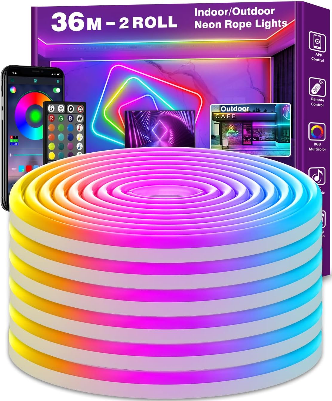 LETIANPAI 36m Led Neon Rope Lights,Flexible Rope,Control with App/Remote,Multiple Modes,IP65 RGB Light,Music Sync Gaming Strip for Bedroom Indoor
