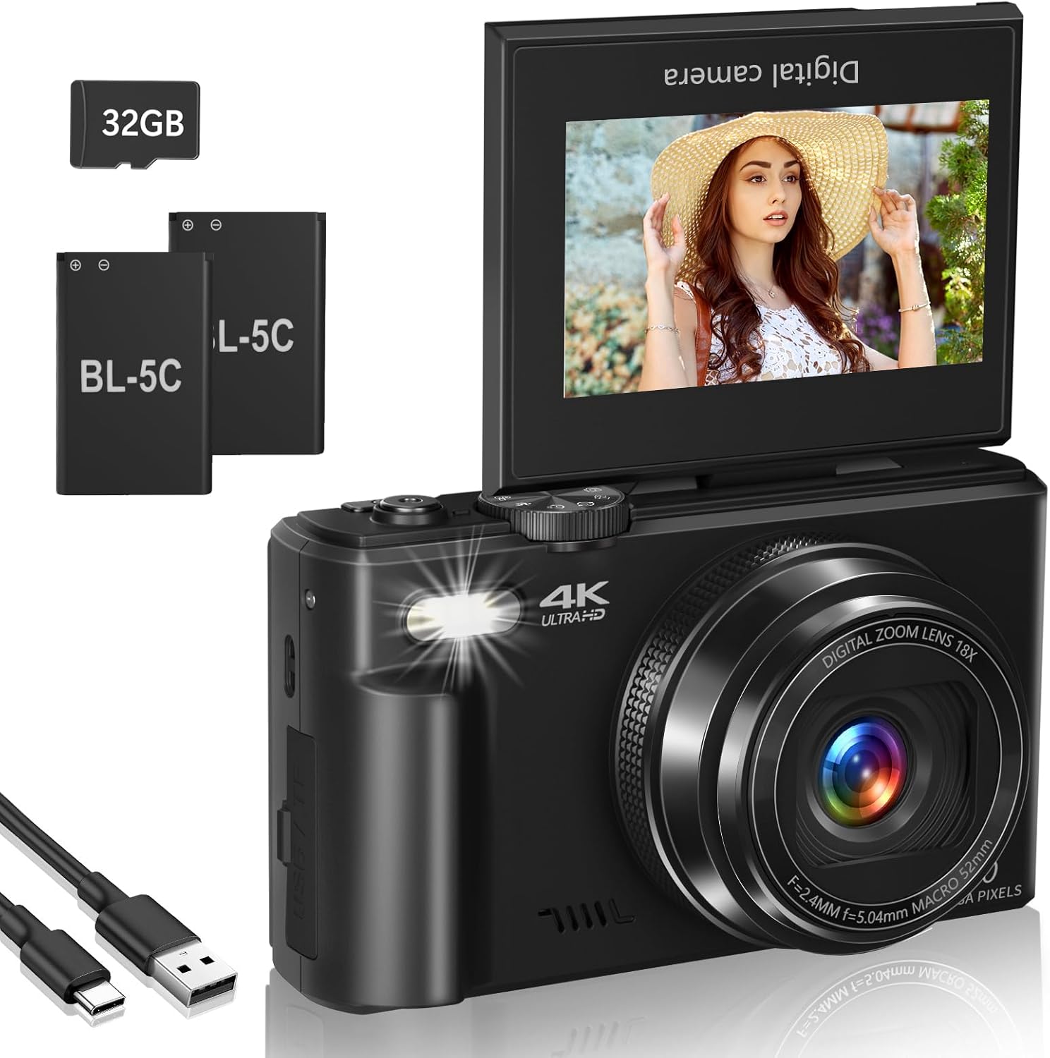 4K Digital Camera for Photography, Vlogging Camera for YouTube 18X Digital Zoom 3" 180° Flip Screen Compact Video Cameras with 32GB TF Card & 2 Batteries(Black)
