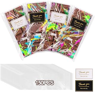 Mity rain 150 Pcs Knafeh Pistachio Chocolate Bar Wrappers Packaging with 150pcs Thank You Stickers, Clear Self Sealing Cellophane Bags for Candy Bar, Cookies, Treat, Party Favor