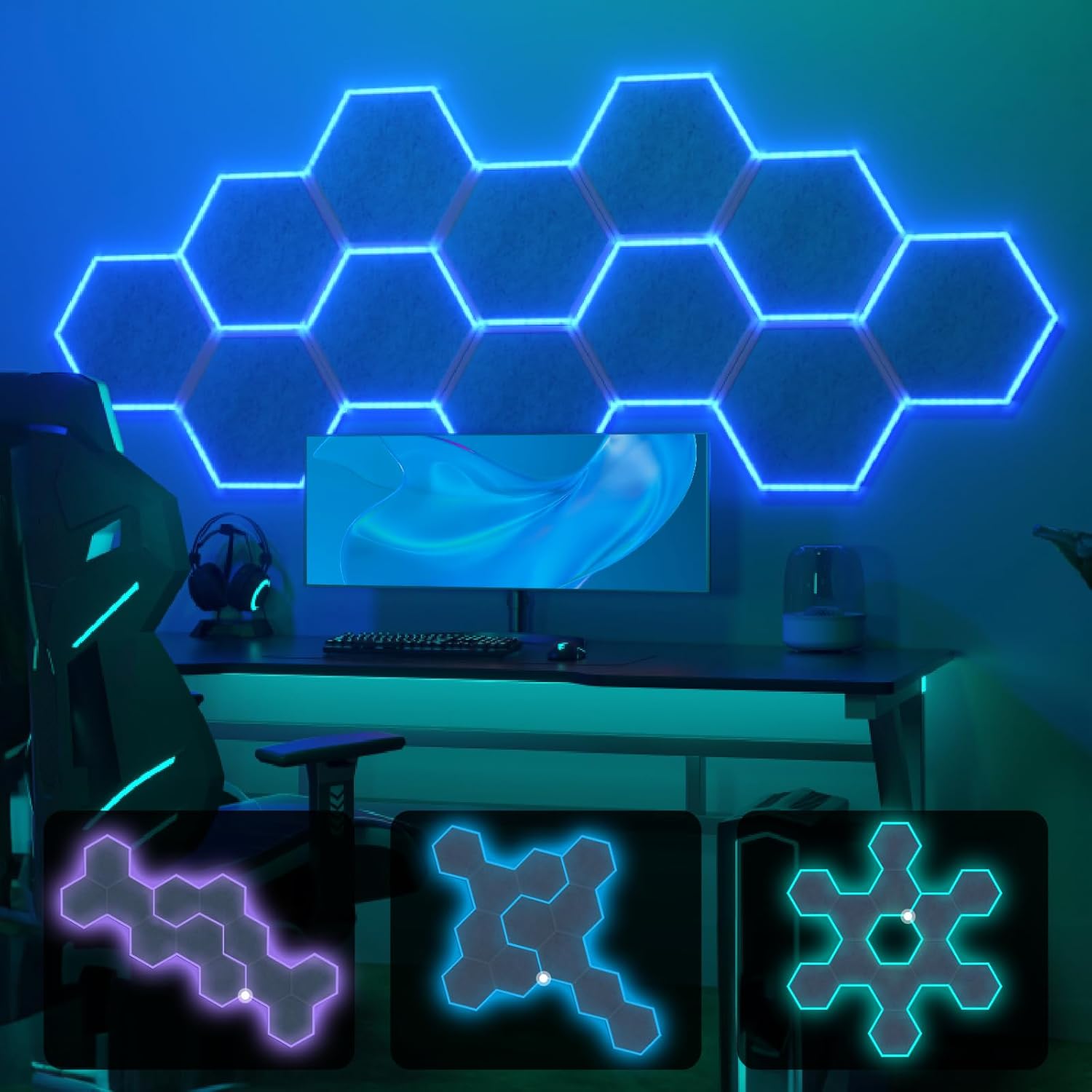 TONOR 12Set 12.6"x 11"x 0.5" RGB Acoustic Panels Self-adhesive, DIY Lighting via App, Sound Proof Panels Treatment for Walls, Sound Absorbing Padding for Gaming room，Podcast, Studio, Home