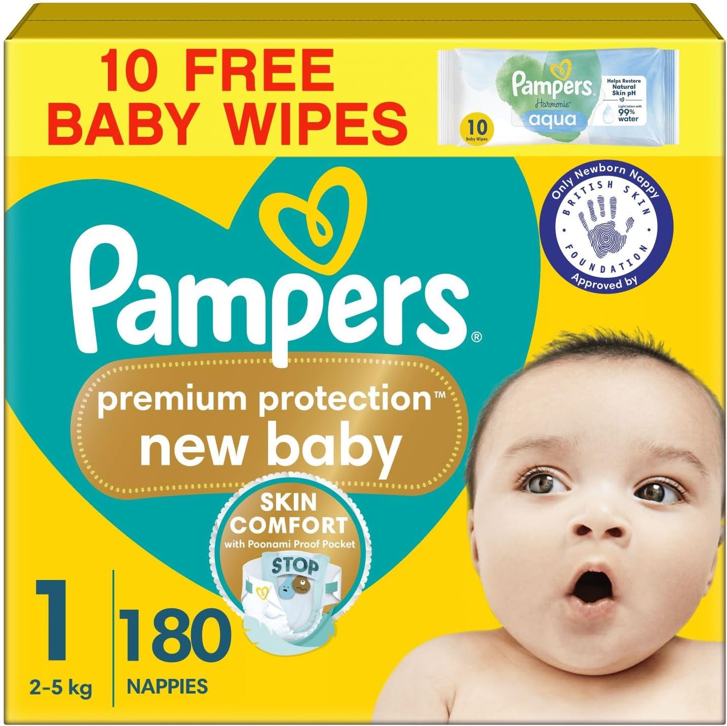 Pampers Premium Protection New Baby Size 1, 180 Nappies, 2kg-5kg, Monthly Pack + Pampers Harmonie Aqua Baby Wipes 1 pack of 10 Wipes