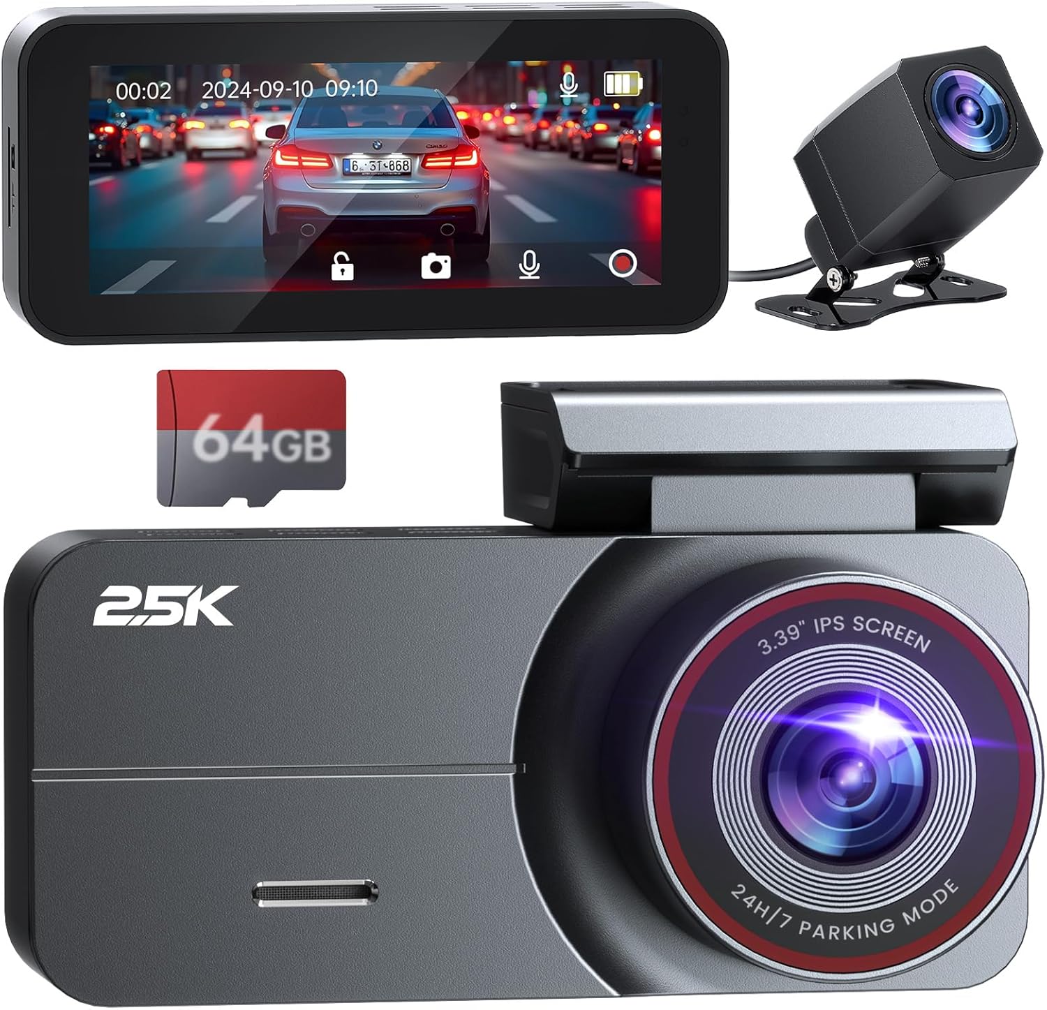 Dash Cam Front and Rear 2.5K + 1080P QHD Dual Dash Camera for Cars 3.39” IPS Dashcam, Night Vision, G-Sensor Loop Recording, 64GB Card Included, 160° Wide Angle, 24H Parking Mode