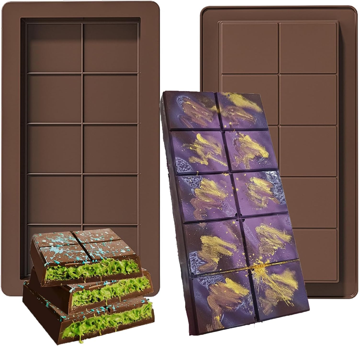 Deep Dubai Chocolate Bar Molds 2 Pack, 1 Inch Deep Large and Thick Silicone Chocolate Bar Molds for Stuffed Bar, Big Chocolate Candy Bar Mold for Filling Knafeh Pistachio Chocolate Bar