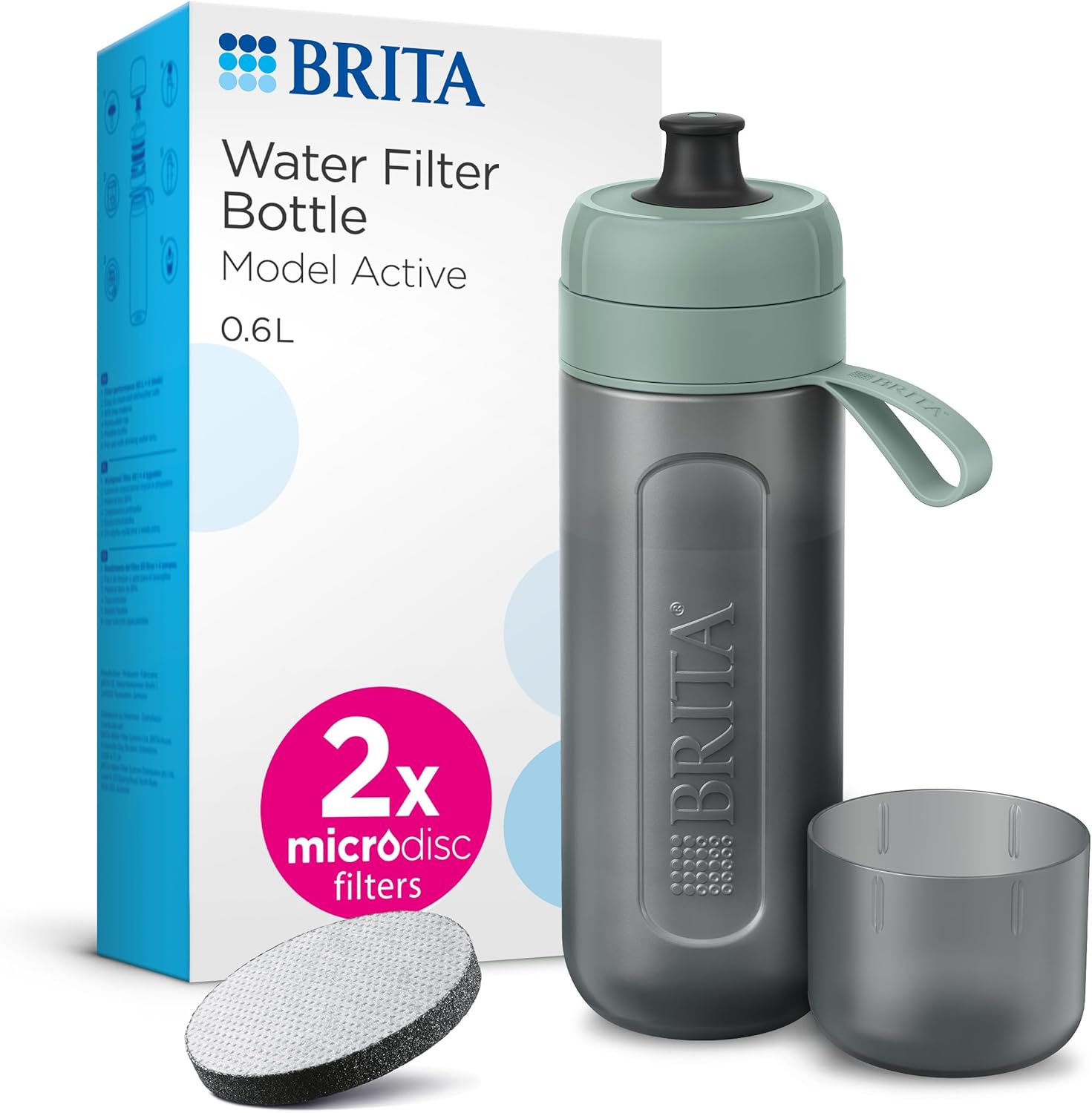 BRITA Sports Water Filter Bottle Model Active Dark Green (600ml) incl. 2x MicroDisc Filters - squeezable BPA-free on-the-go bottle, filters chlorine, organic impurities, hormones & pesticides