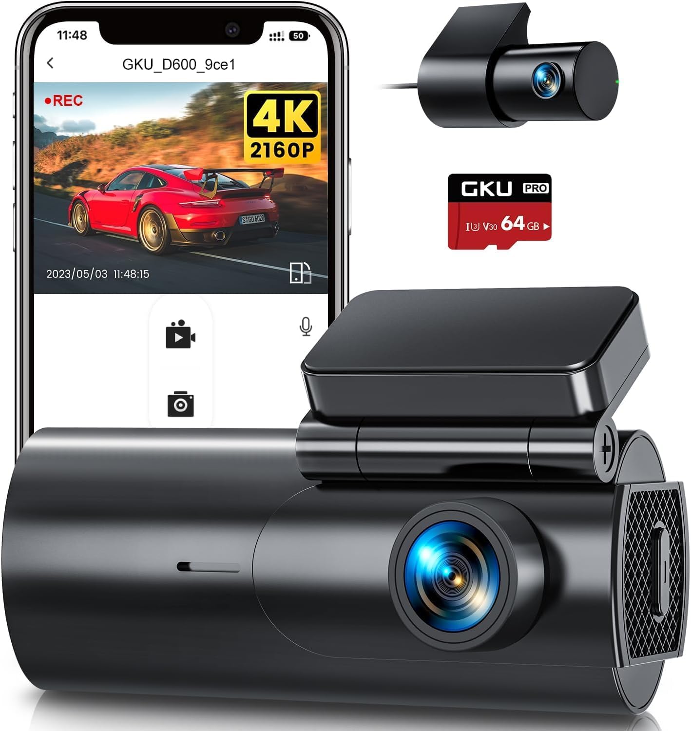GKU 4K Dash Cam Front and Rear, 5GHz WiFi Dashcam with 64GB SD Card, Dual Car Camera Dash Cam with Parking Monitor, Night Vision, WDR, 170° Wide Angle, G-Sensor, Loop Recording, APP Control, Max 256GB