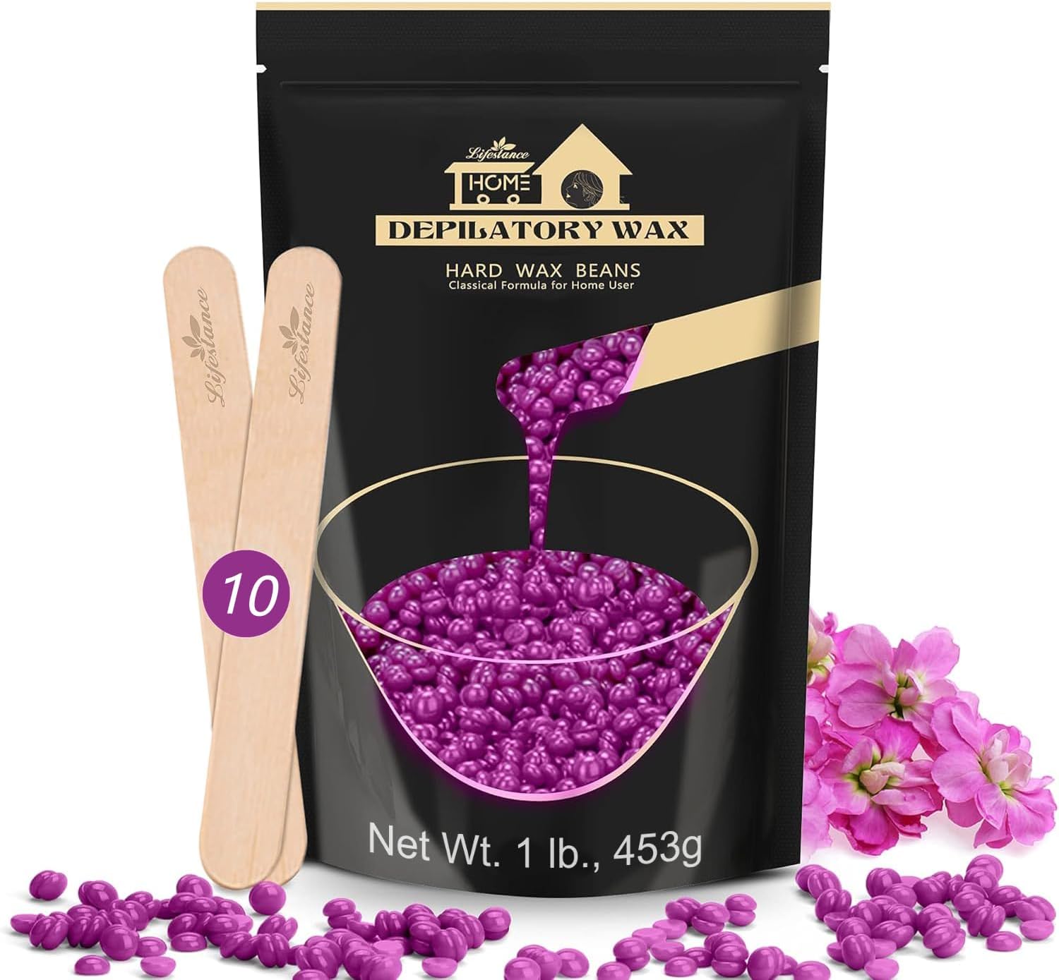 Lifestance Violet 450g Wax Beads, Coarse Hair Removal Formula, Hard Wax Beads for Brazilian Bikini - Legs - Underarm- Private Part, Waxing Beads with 10 Applicators for Wax Warmers