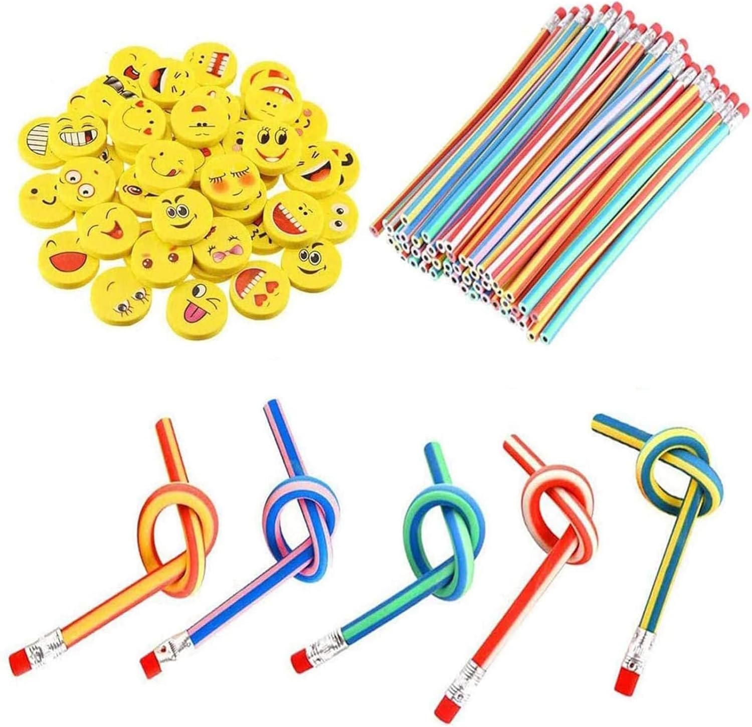 Xndryan Soft Flexible Bendy Pencils, 62 Pcs Twist Bendy Pencils and Smiley Rubber Erasers Party Bag Fillers for Kids, Ideal for Party Favours School Prizes Class Gifts for 30 Children