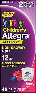Allegra Children's 12HR Allergy Relief Non-drowsy Antihistamine Liquid, Berry Flavor, Alcohol-Free & Dye-Free, Fexofenadine HCl, 4 oz.