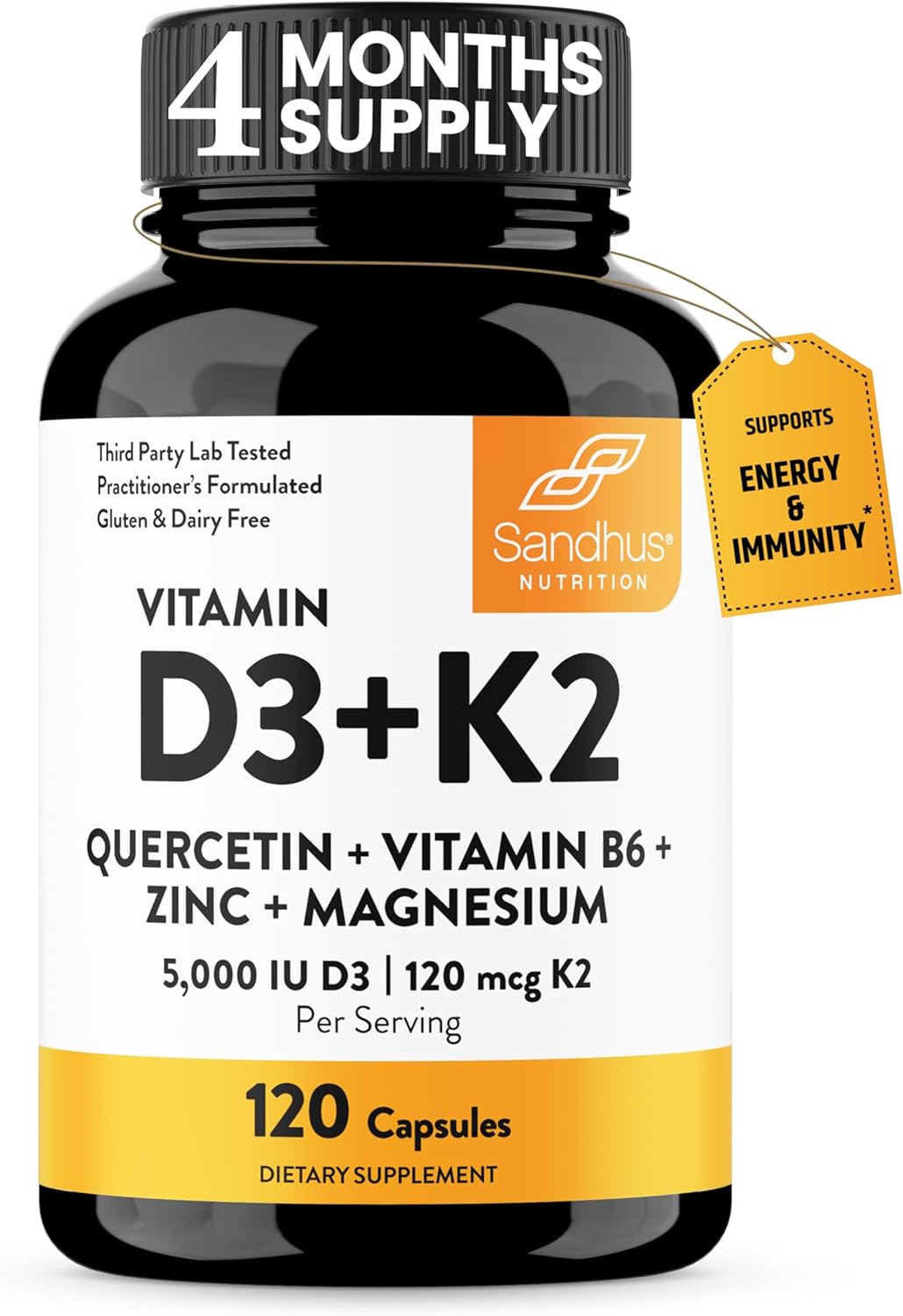 Sandhu's Vitamin D3 K2 Magnesium 5000 IU, 120mcg K2 Capsules 120 Count (Pack of 1) | VIT B6, D3K2, Zinc & Quercetin | Superior Absorption, Supports Energy, Immune, Bone & Muscle Health for Men & Women