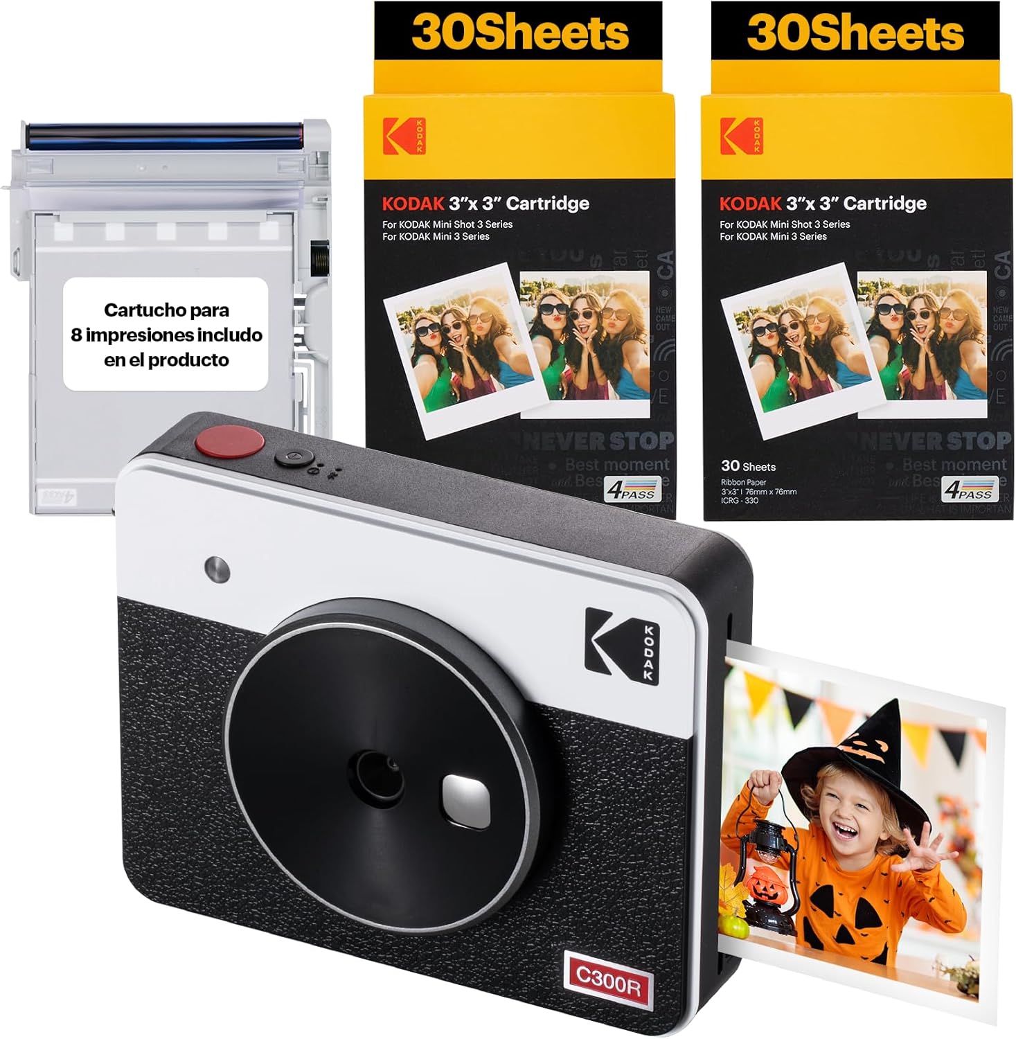 KODAK Mini Shot 3 Retro 4PASS 2-in-1 Instant Digital Camera and Photo Printer (3x3 inches) + 60 Sheets Cartridge Bundle, White
