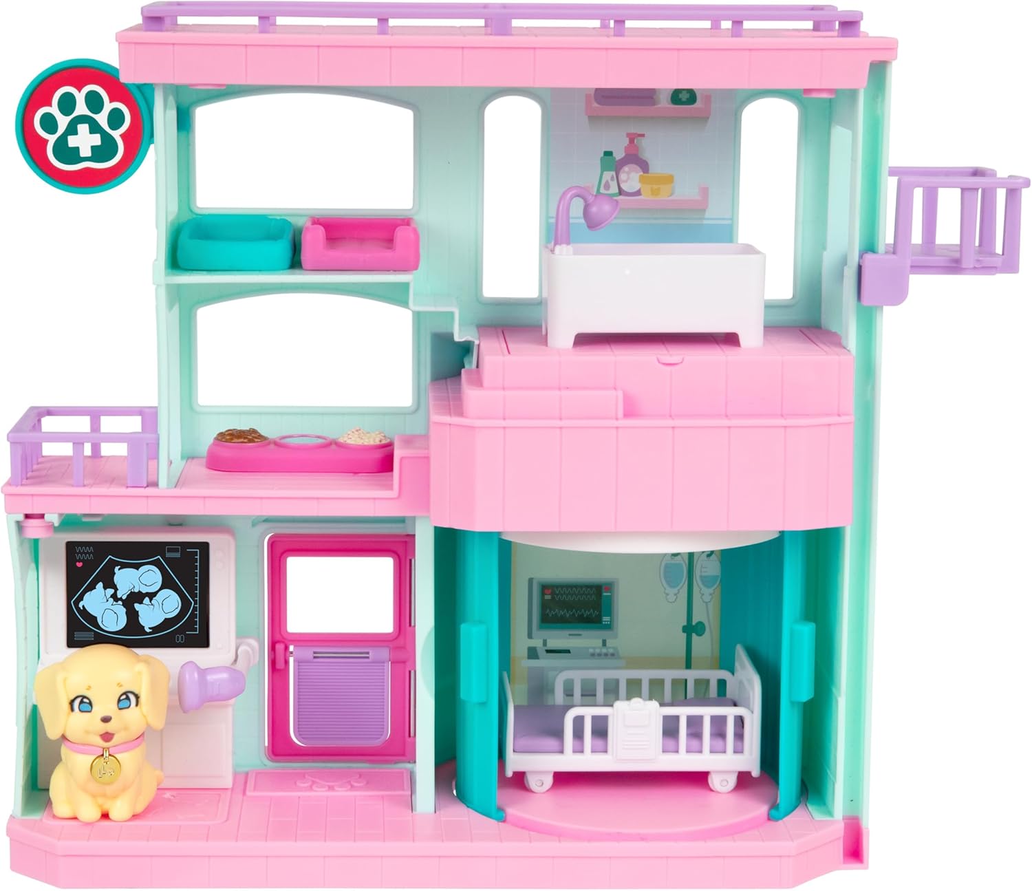Little Live Pets Mama Surprise Families Baby Care Clinic Playset, Magically Reveal 3 Retriever Puppies, 2-Sided Playset (27.8cm/10.9in Wide, 23.8cm/9.3in High). Feed, Bathe, & Play, Fun Gift for Kids