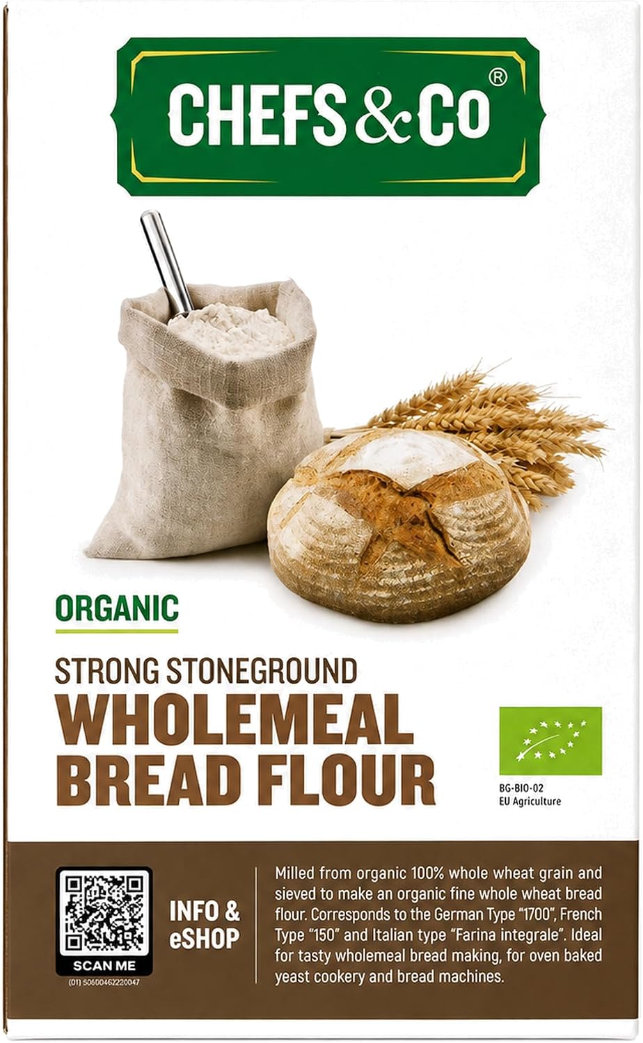 CHEFS & CO Stoneground Strong Organic Wholemeal Bread Flour 1 Kg for Baking