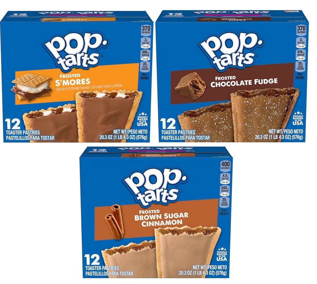 Pop Tarts Frosted Variety, S'mores, Chocolate Fudge, and Brown Cinnamon Sugar, 20 Ounce (Pack of 3) - with Make Your Day Bag Clip