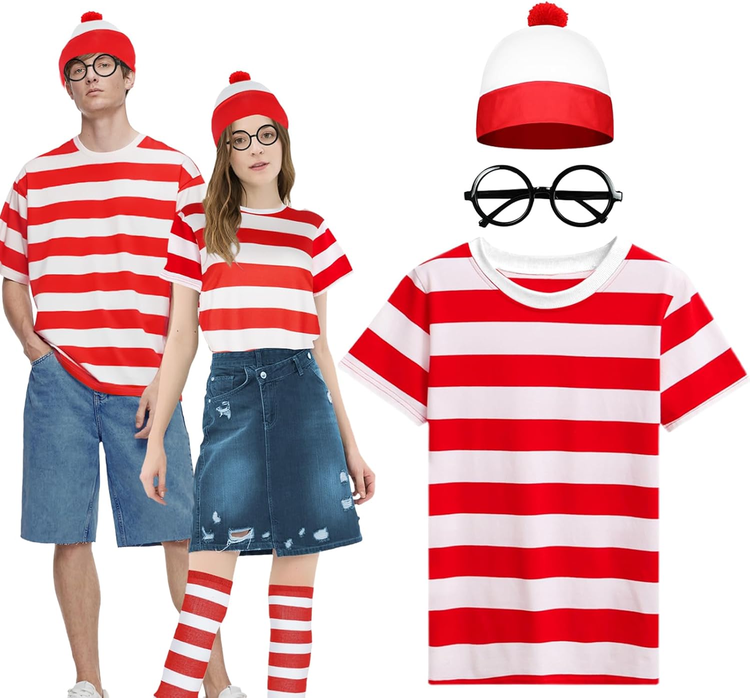 Wally Costume Set for Adult, Red and White Striped T-Shirt Accessories Set with Beanie Hat Black Nerd Glasses Party Cosplay Outfit for School Dress Up World Book Day Carnival