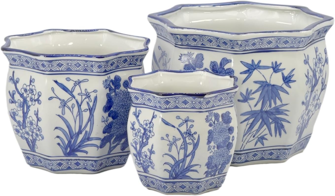 Galt International Blue & White Round Fluted Floral Palm Lotus Porcelain Ceramic Plant Flower Planter Pot Set of 3 (7.5", 10", 13") Garden Pots Chinese Asian Design
