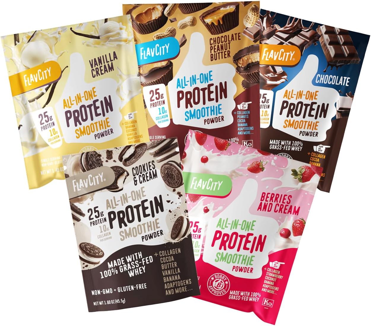 FlavCity All in One Protein Shake Powder Packets - On the Go Meal Alternative + 25g Protein & 10g Collagen, Made with Organic Reishi & Cordyceps Mushrooms - No Added Sugars, Variety 10 Pack