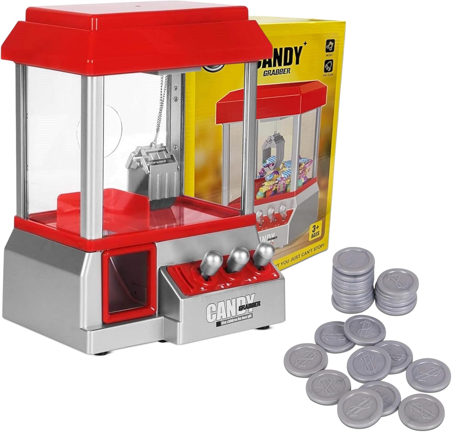 SGM Claw Machine Arcade Game – Candy Grabber & Prize Dispenser Vending Machine for Kids – Mini Sweet Dispenser with Music & 20 Coins – Red Claw Machine for Boys & Girls