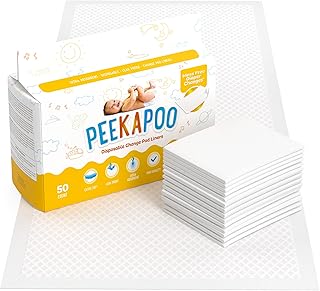Peekapoo - Disposable Changing Pad Liners (50 Pack) Super Soft, Ultra Absorbent & Waterproof - Covers Any Surface for Mess Free Baby Diaper Changes