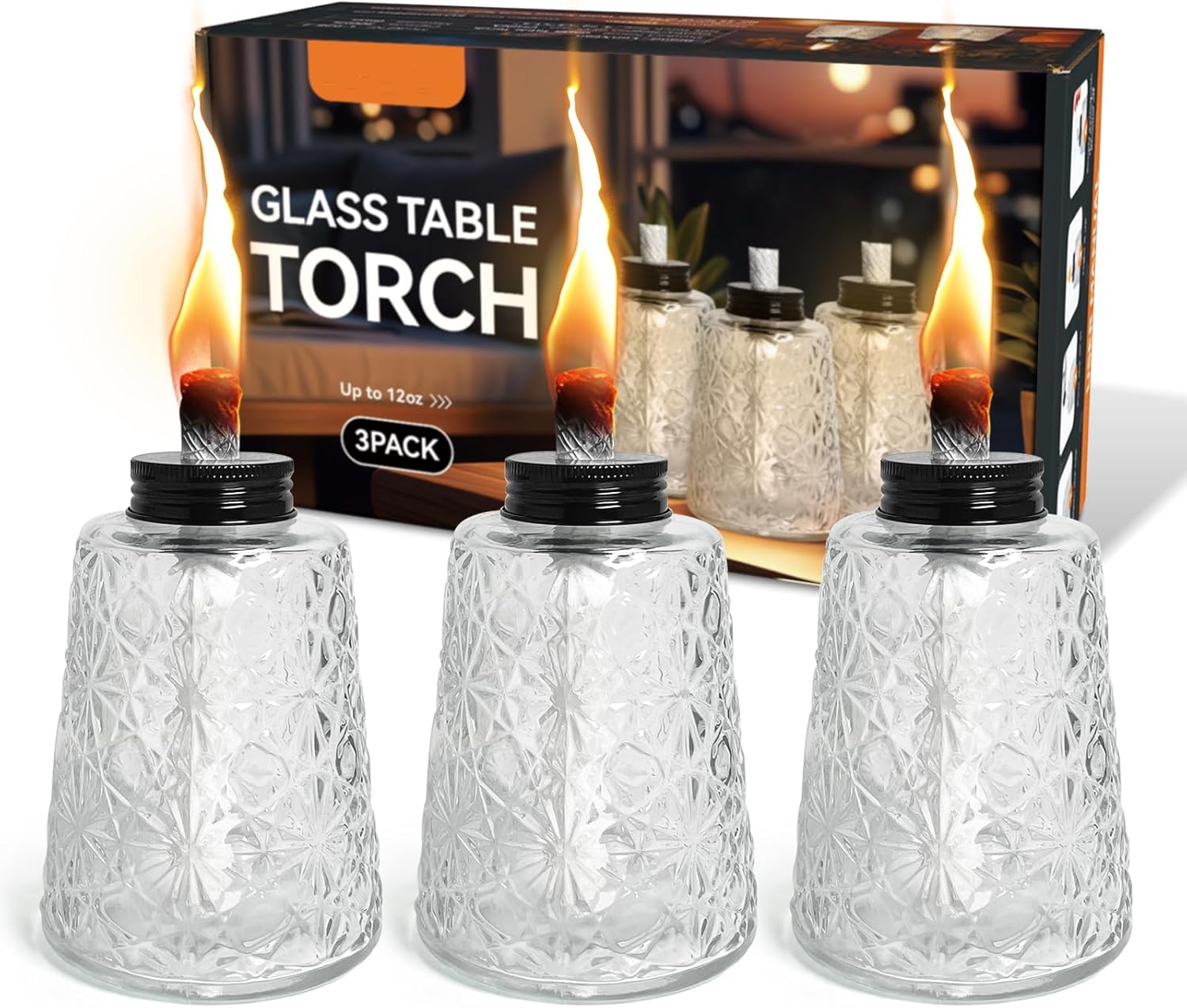 3 Pack Oil Lamp Clear Glass Table Torch Citronella Oil Lamps Lantern with 3 Wicks for Indoor Outdoor Patio Decors