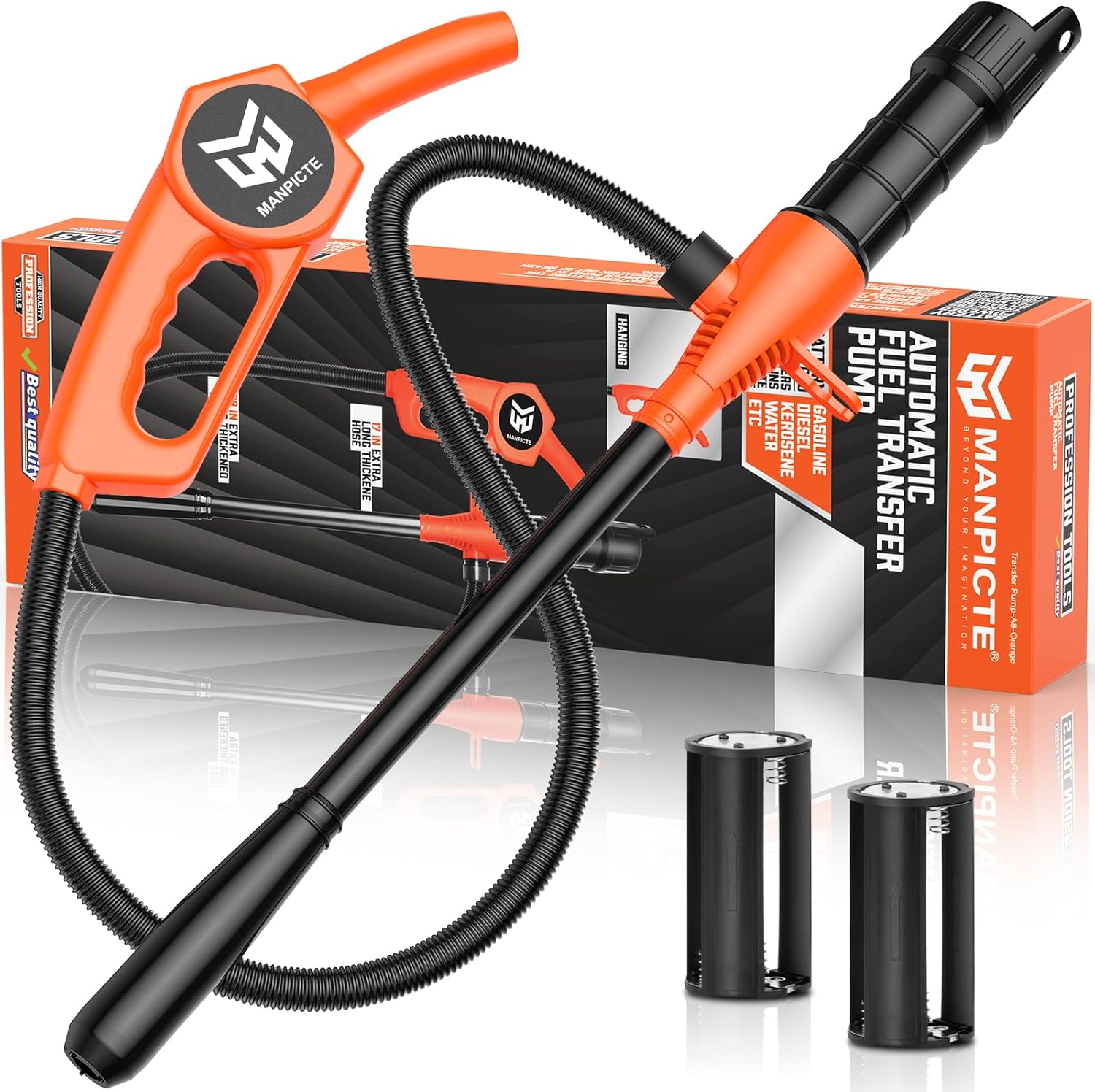 Portable Fuel Transfer Pump, Battery Powered Siphon Pump for Gasoline, Fuel, Gas, Diesel, Water Transfer, 2.4 GPM Flow Oil Extractor with Powerful Suction Ergonomic Nozzle 39 Inches Hose