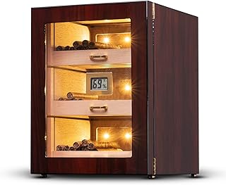 Woodronic LED Lighted Cigar Humidor Cabinet for 100-150 Cigars with Digital Hygrometer, Crystal Gel Humidifiers, Spanish Cedar Lined Drawers, Glossy Rosewood Finish, Desktop Gift for Fathers