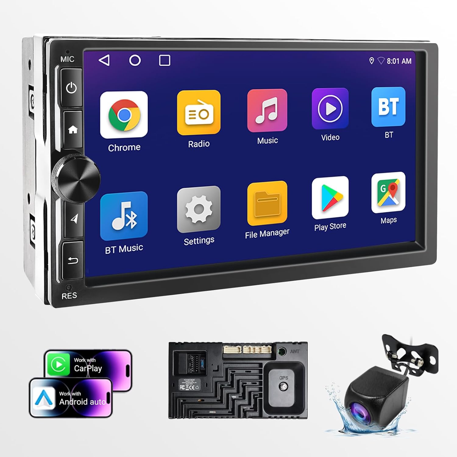 7 Inch Double Din Car Stereo with Bluetooth, Wireless Car Stereo, CarPlay/Android Auto,2G+32G Android 13.0 Car Screen, 600x1024 HD Touchscreen, FM/AM Radio, GPS Navigation,Included Rearview Camera