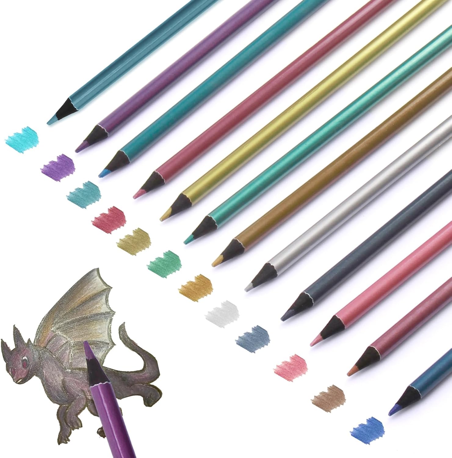 12 Metallic Colouring Pencils for Adult, Coloured Pencils Professional Drawing Pencil Set Assorted Colors Wooden Pencil for Kids Beginners Adults Artists Sketching Layering Blending Colouring Books
