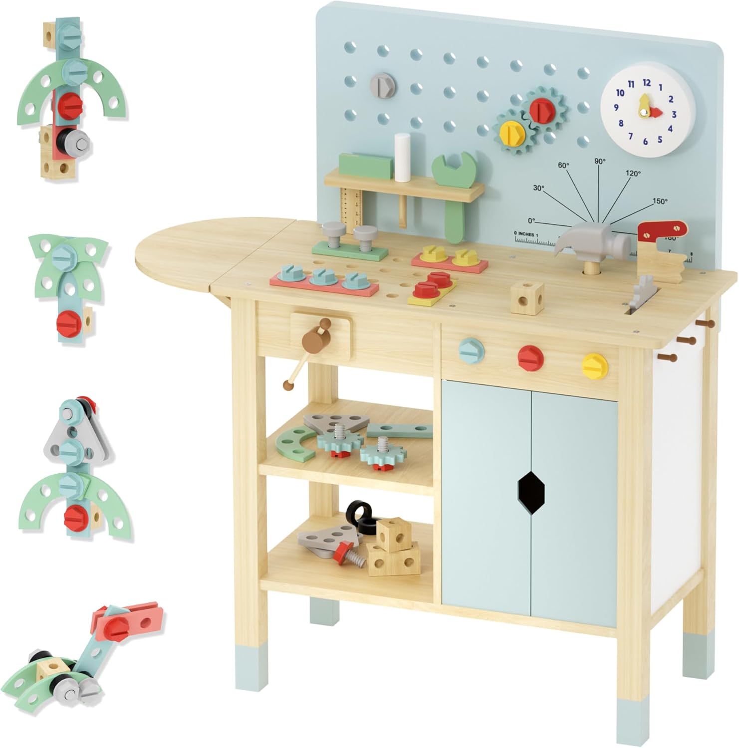 Large Wooden Workbench for Kids with Upgrade Extension Panel - Pretend Play Tool Set/Realistic Accessories, Extra Workspace & Sturdy Design for Little Builders