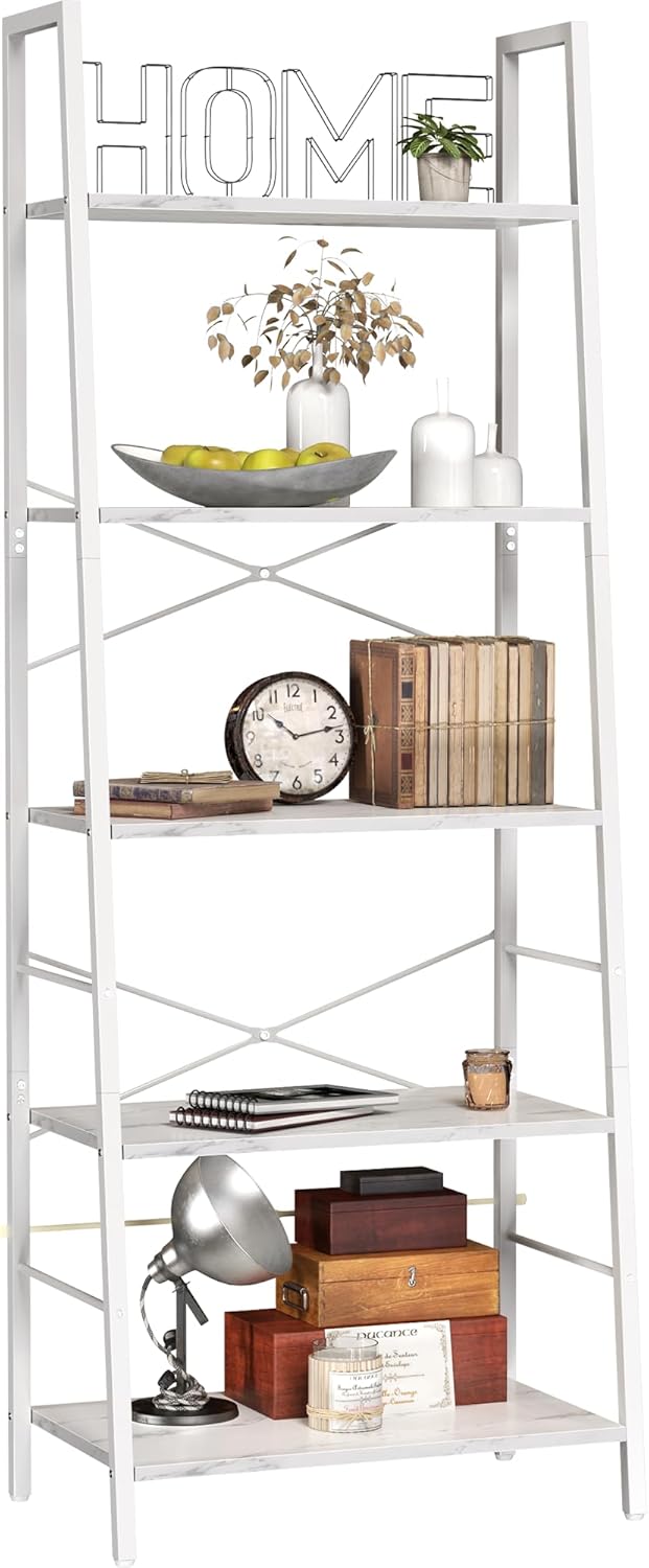 Yusong Ladder Shelf, Industrial 5-Tier Bookshelf, Free Standing Bookcase, Utility Organizer Shelves for Plant Flower, Wood Look Accent Furniture with Metal Frame for Home Office, White
