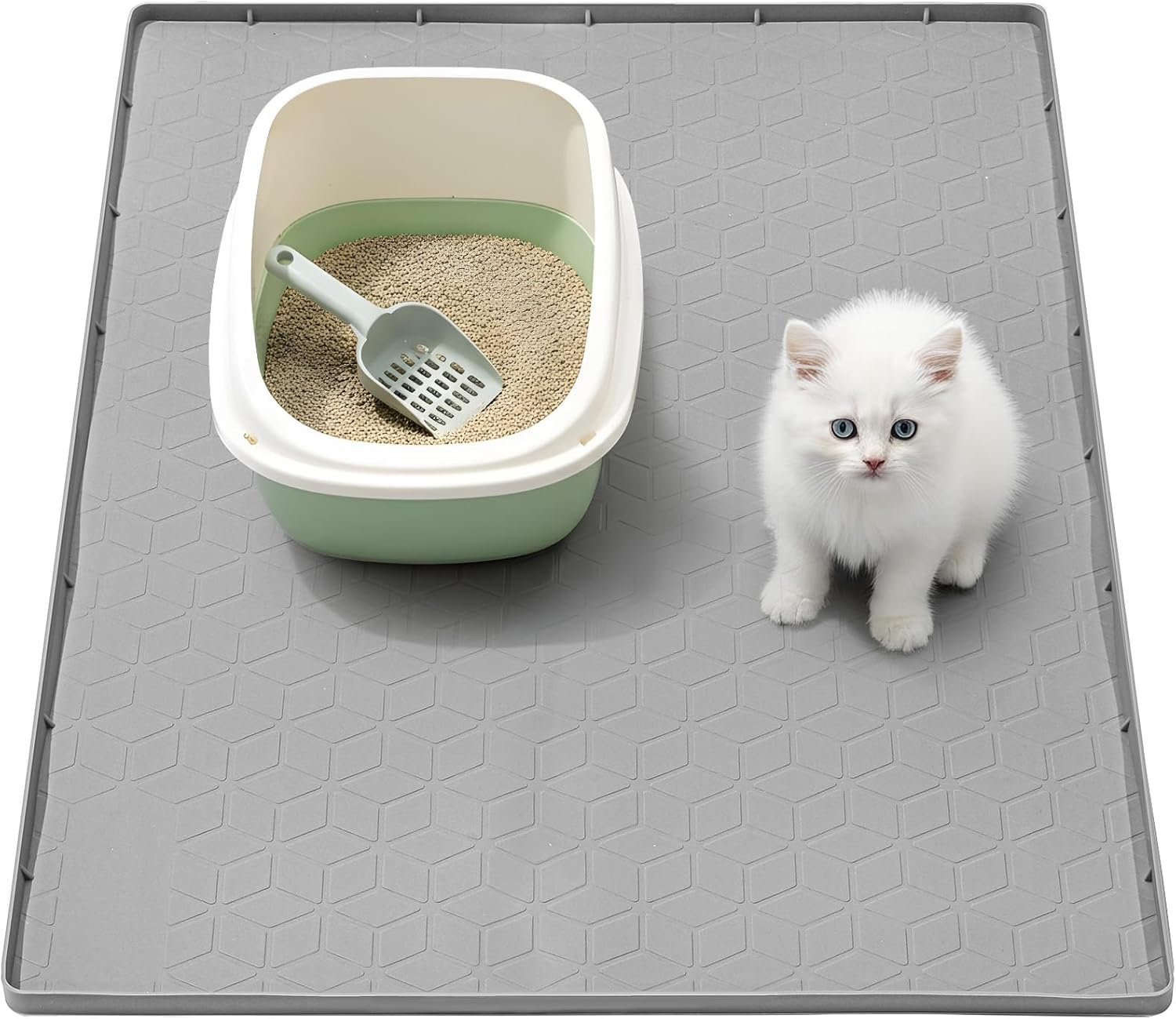 Silicone Cat Litter Mat, 34x22 Inches Large Litter Trapping Mat, Waterproof Non-Slip, Easy Clean, Soft on Paws, Gray