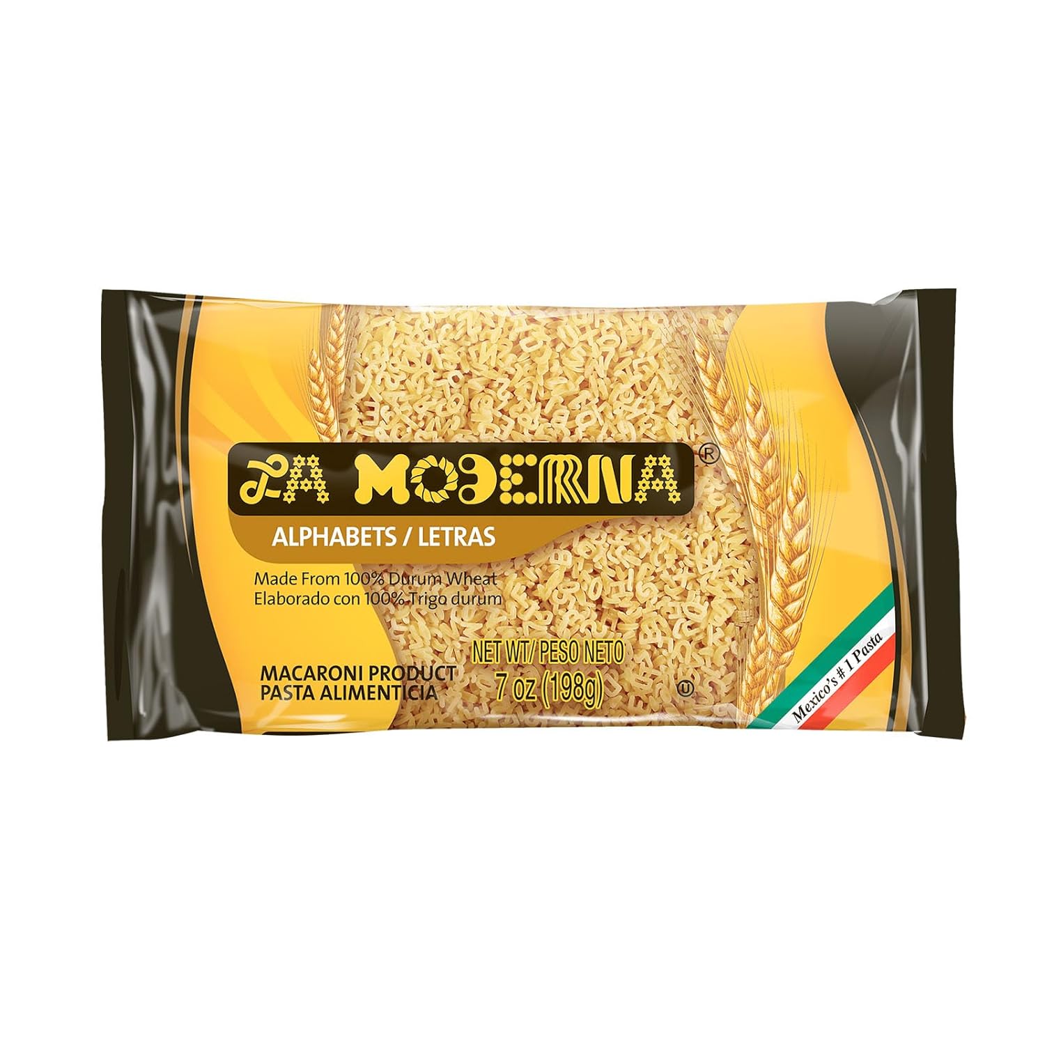 LA MODERNA, Alphabet Letras Pasta, 7 oz (Pack of 1) | Enriched Durum Wheat Semolina Pasta | Fun Letter Shapes for Soups | Non-GMO | Kosher | Vitamins & Iron Enriched | Fun Letters for Kids