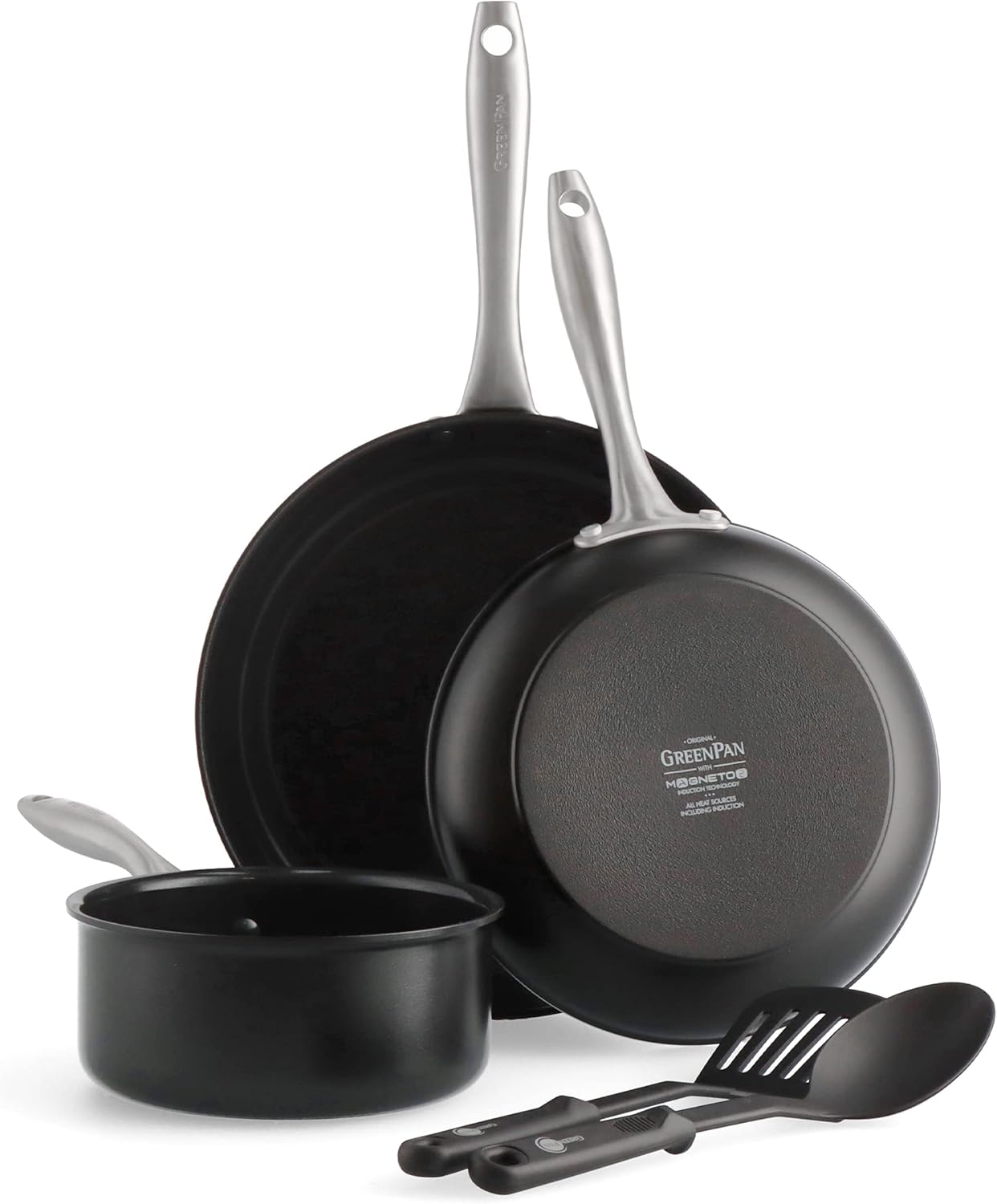 GreenPan Lima Midnight Hard Anodized Healthy Ceramic Non-Stick, 5-Piece Set, Includes Frying Pan, Saucepan, & Nylon and Slotted Turner, PFAS-Free, Induction Suitable, Oven Safe, Black