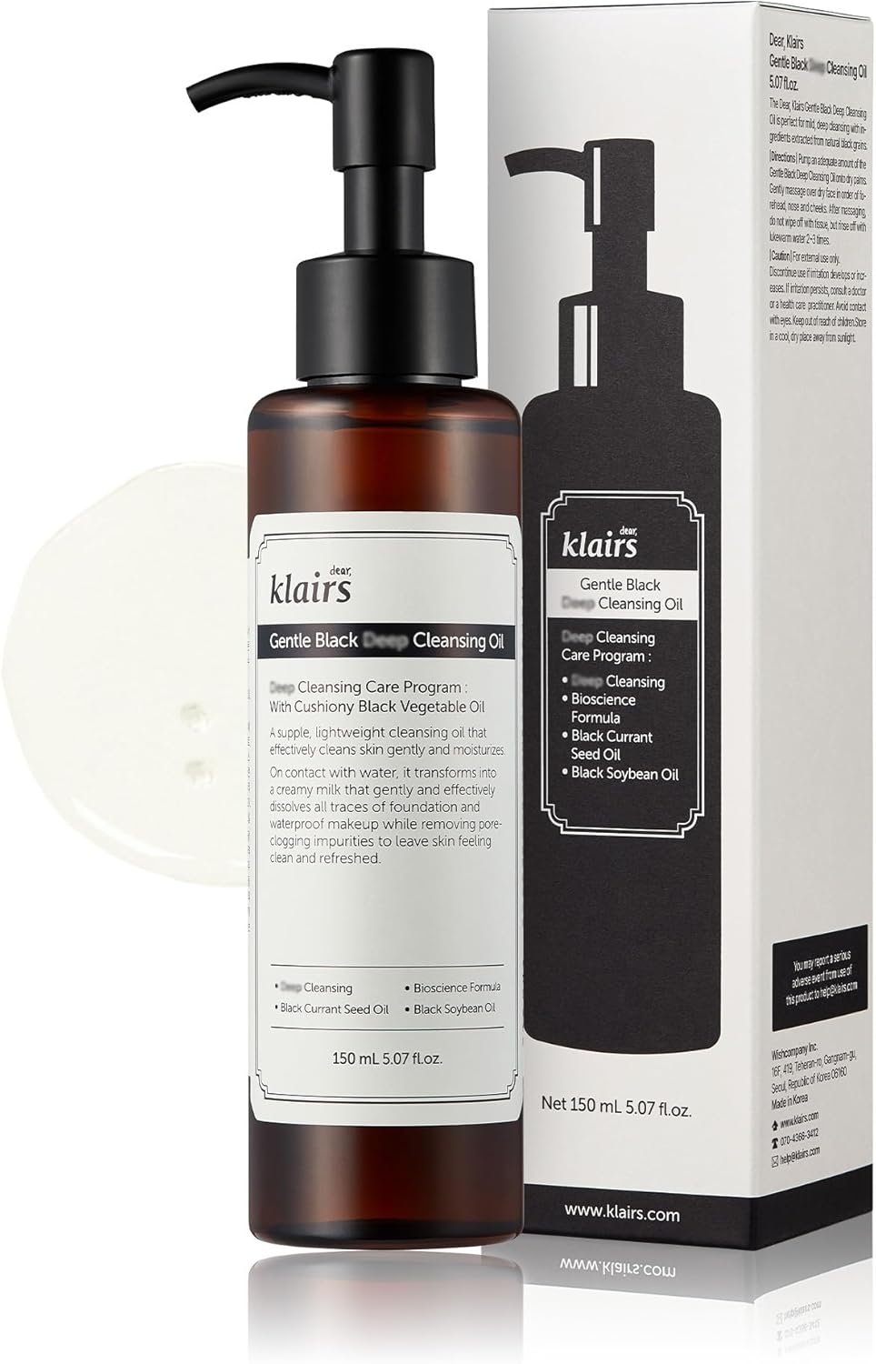 DearKlairs Gentle Black Deep Cleansing Oil, Makeup Cleansing Oil Cleanser, 150ml, 5.07oz, Daily Face Wash Remover, No Clogging Pores, Hydrating, All skin types