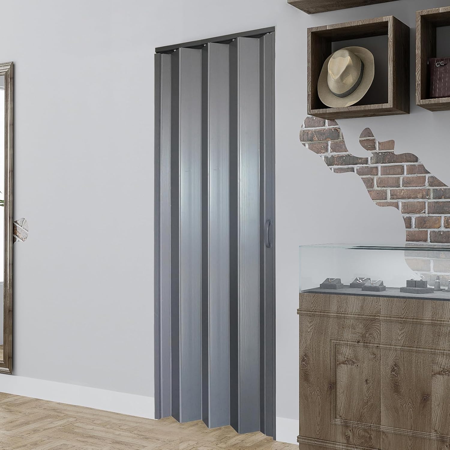 DIYHD 32X80in Interior Folding PVC Accordion Door,Grey,Include Door and Mounting Hardware,Handle,Latch,Folded Width 4-7/8"