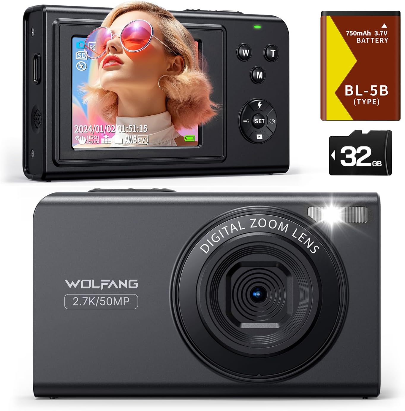 WOLFANG Digital Camera, 2.7K Kids Camera for Photography, 50MP Compact Vlogging, 16X Digital Zoom, Auto Focus Point and Shoot, Gift for Students Teens