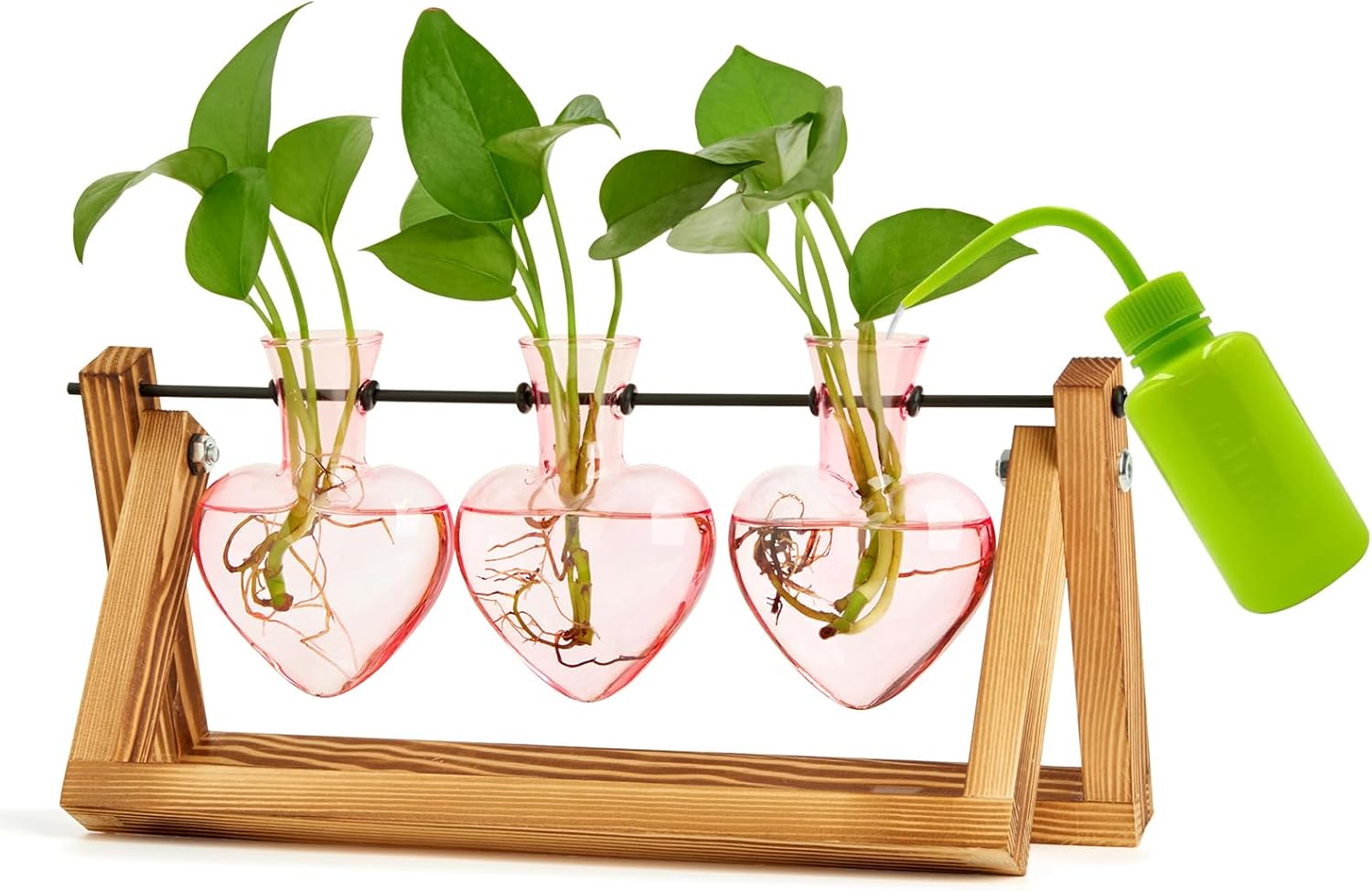 XXXFLOWER Plant Terrarium with Retro Wooden Stand,Plant Propagation Station for Hydroponics Home Garden Office Decor Unique Gifts for Women - 3 Heart Shaped Pink Glass Vase