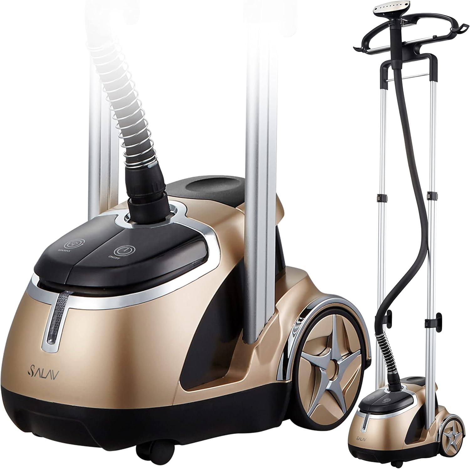 SALAV® Limited Edition Professional Series Dual Bar Garment Steamer with Foot Pedals, Stainless Steel Steam Plate, Retractable Power Cord, 1.8L (60.8 oz) Water Tank, 1500 watts, 60+mins of Steam
