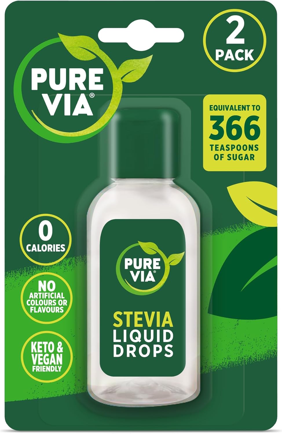 Pure Via Stevia Liquid Drops 2 x 55ml - Zero Calorie, Vegan and Keto Friendly Sugar Alternative