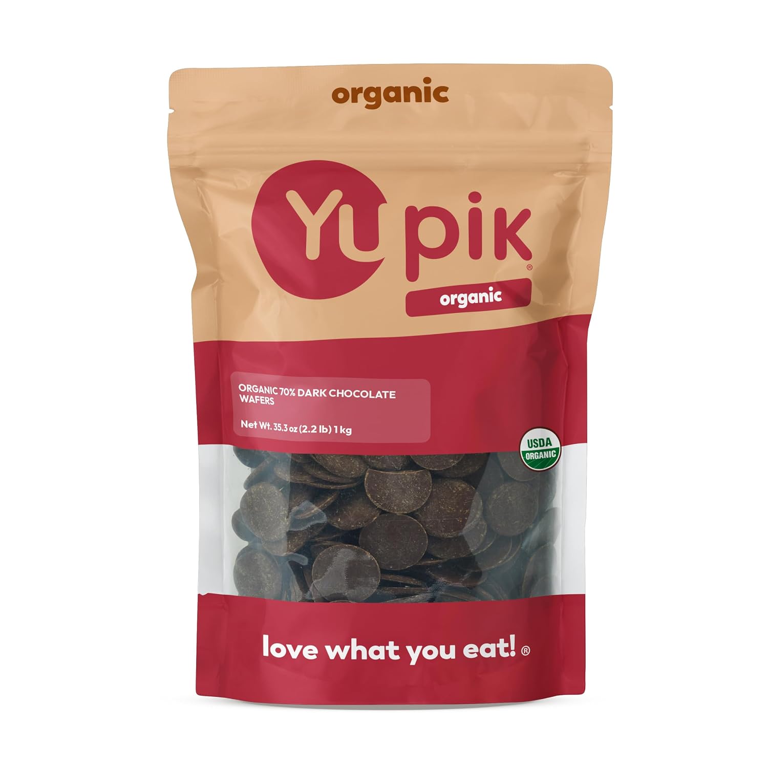 Yupik Organic Dark Chocolate Wafers, 70% Cacao, 2.2 lb (35.2 oz), Vegan, Gluten-Free, GMO-Free, Kosher, Dairy-Free, Rich Dark Chocolate, Melts Smoothly, Ideal for Snacking, Baking, Coating & Topping