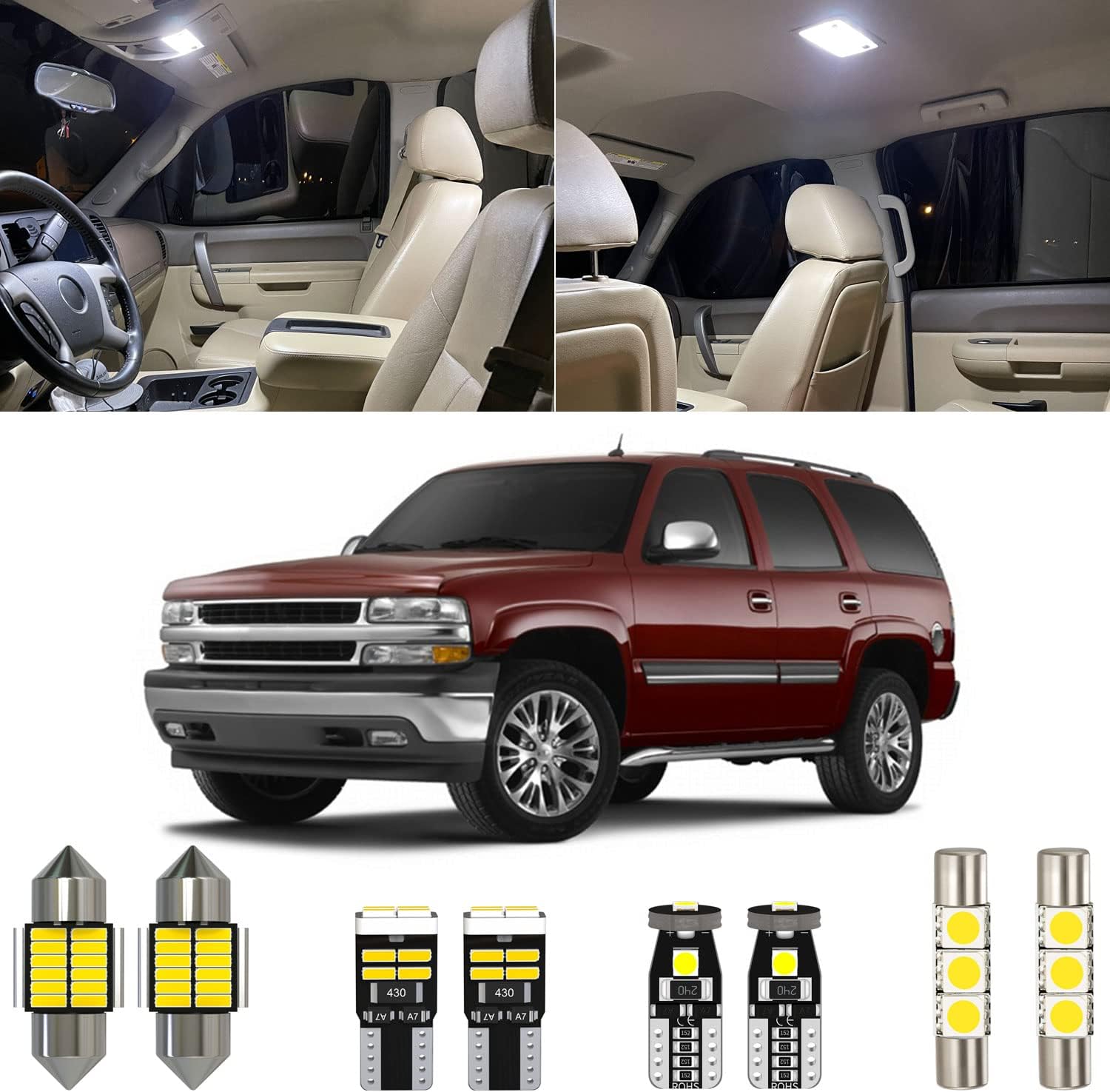 20 Piece 6000K White LED Interior Light Kit Package Replacement for Chevy Chevrolet Tahoe/Suburban, GMC Yukon 2000 2001 2002 2003 2004 2005 2006, with Placement Diagram and Install Tool