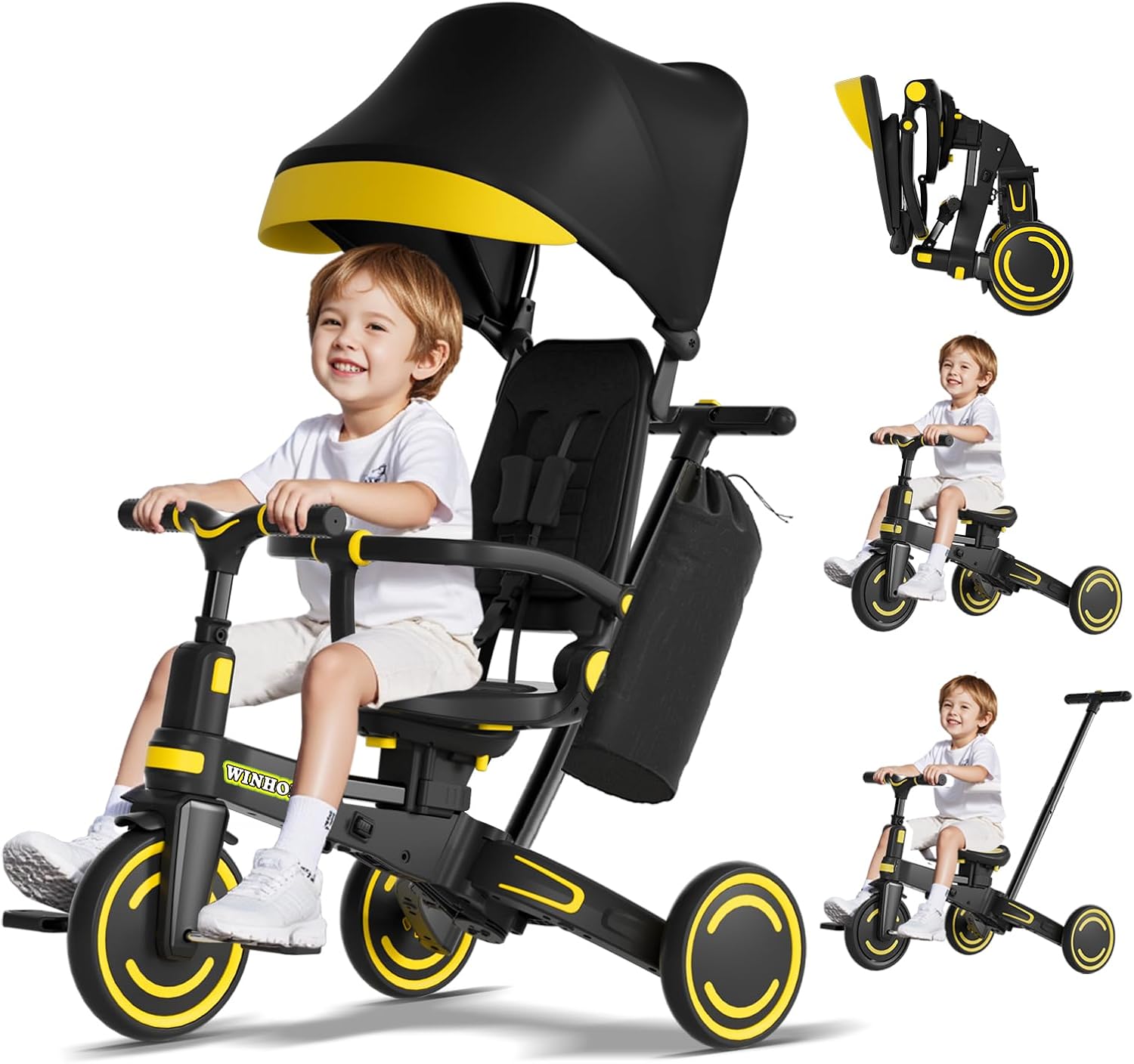 WinHope 9-in-1 Push Tricycle for Toddlers 1-3 Years, Convertible Kids Trike with Push Handle & Safety Belt, One-Client Foldable Design + Storage Basket, Birthday Gift and Toy for Boys and Girls(Black)