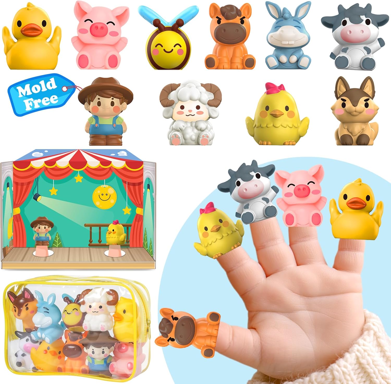 Oriate Animal Farm Finger Puppets, Bath Toys for Kids with Storage Bag, Toddler Toys for Story Time Stuffer with Performance Stage, Travel Party Favors Easter Basket Stuffers 12m+ 10 Pcs
