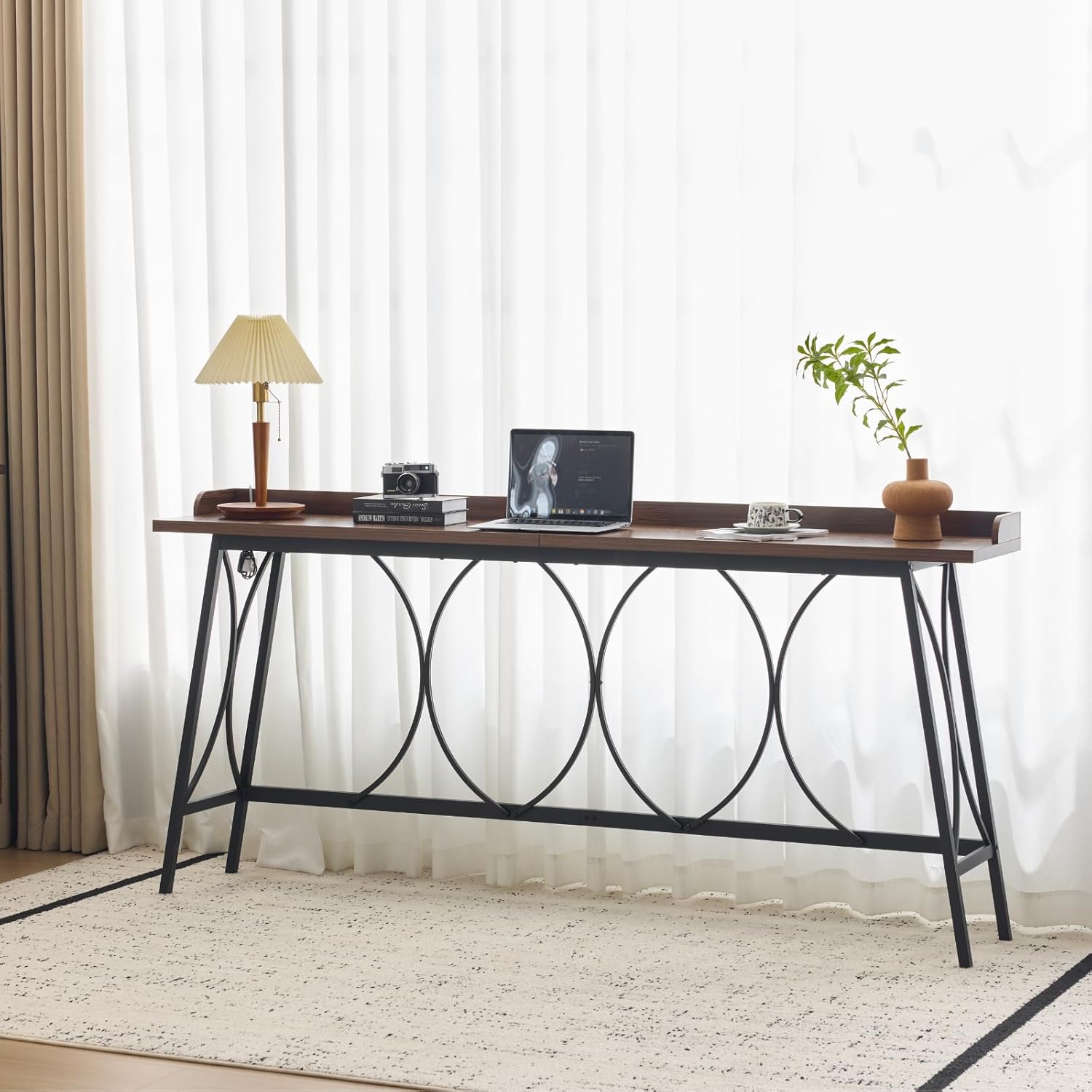 VINGLI Modern 82 Inch Long Bar Table, Wood & Metal Construction, Multipurpose Sofa Table for Entryway, Hallway, Kitchen Island, Console Table with Curved Metal Base