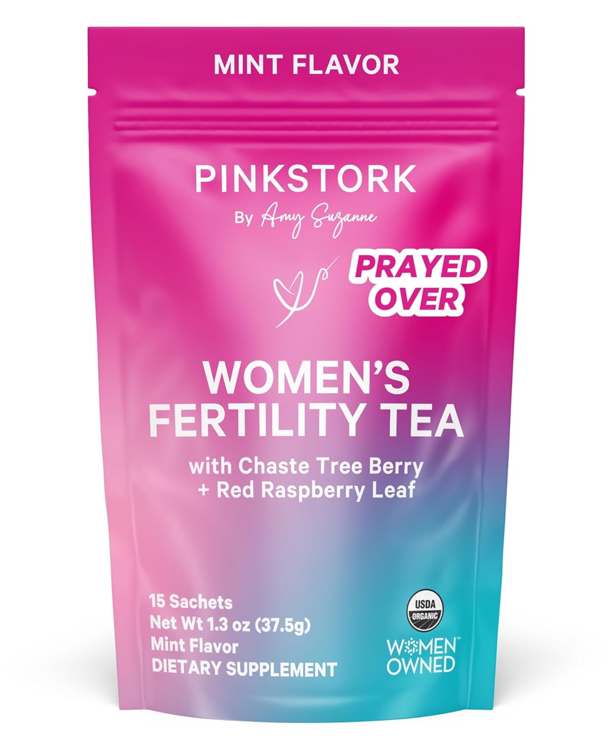 Pink Stork Fertility Tea for Conception and Hormone Balance with Organic Mint, Vitex, and Red Raspberry Leaf, Caffeine Free - Mint, 15 Sachets, Hot or Iced