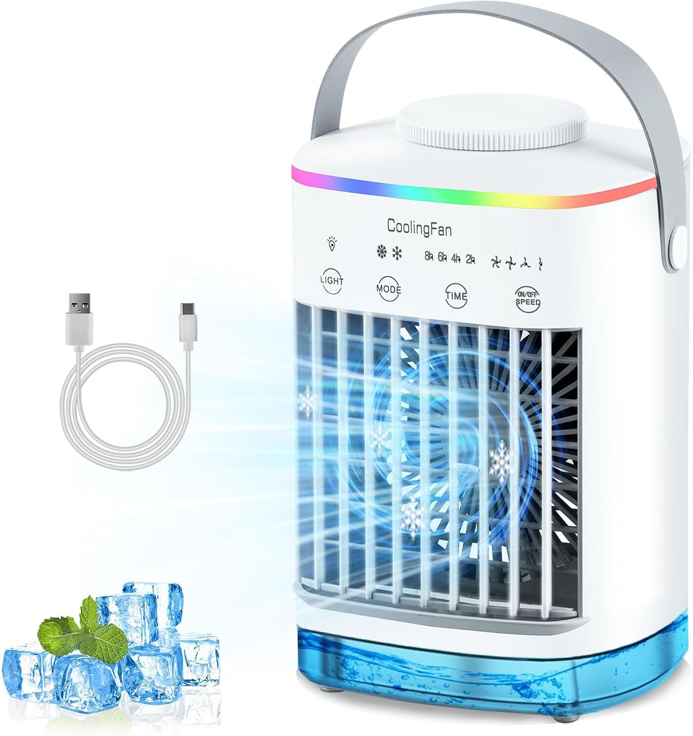 Portable Air Cooler, Mini Mobile Air Conditioner, RGB 7 LED Light, 4 Speeds, Timed function Modes Room Cooler, Air Coolers for Home, Office, Bedroom
