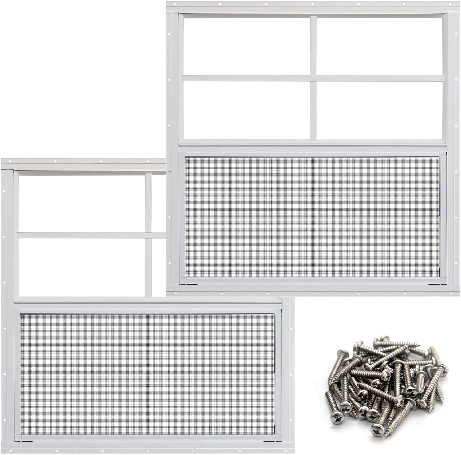 NeatiEase 2 Pack Shed Windows, 24" x 24" Flush Mount Window with Tempered Glass and Fiberglass Screen for Shed, Chicken Coop, Playhouse, Household, Garage