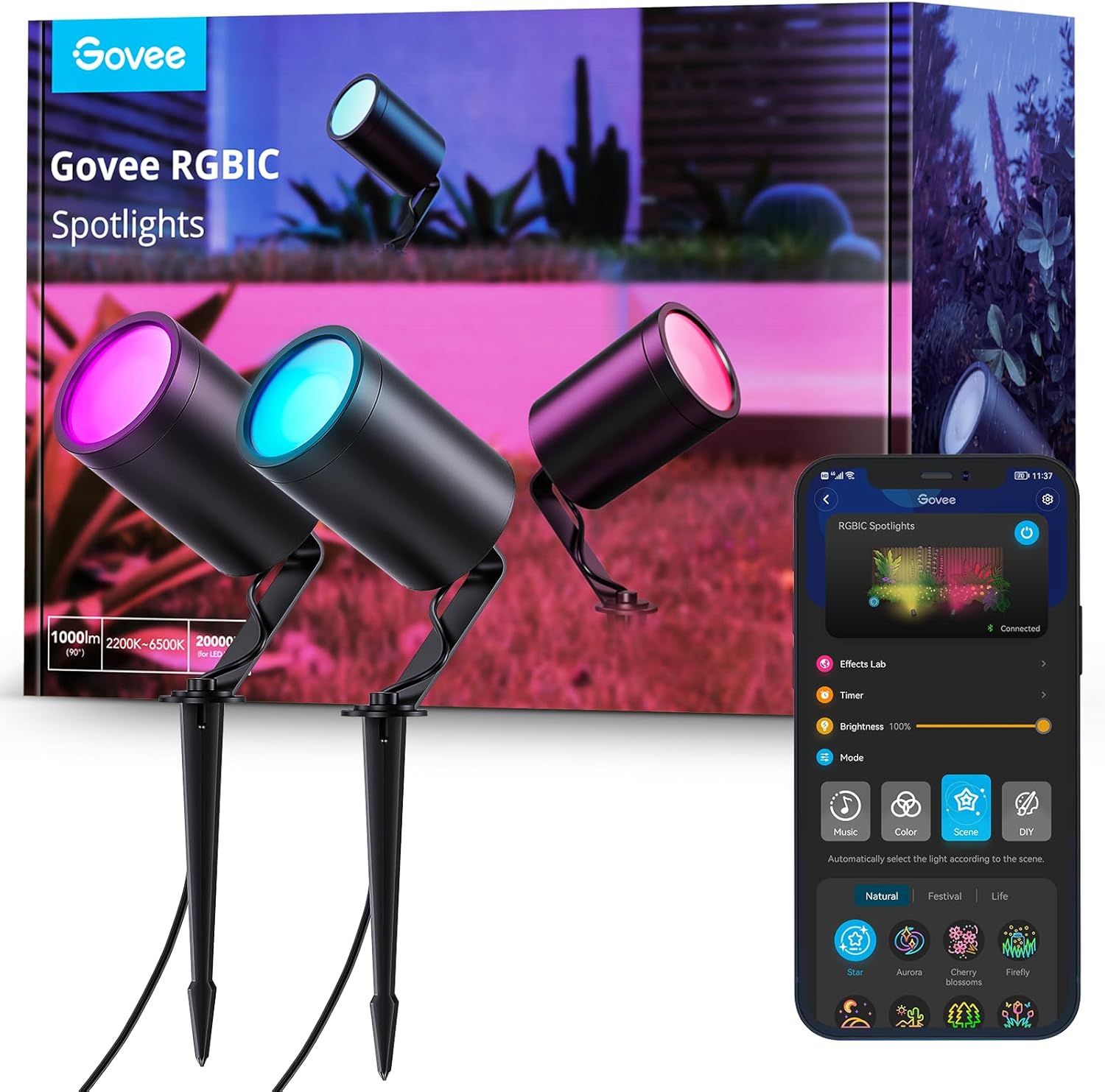 Govee Outdoor Spot Lights, IP65 Waterproof Uplight Spotlights, Patio Decorations, WiFi 24V Low Voltage Landscape Lights Work with Alexa, RGBIC Color Changing Light for Outdoor Decor, 2 Pack