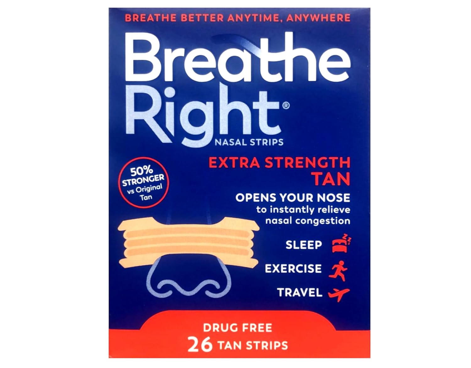 Breathe Right Nasal Strips to Stop Snoring, Drug-Free, Extra Tan, 78 Count (26 Each, Pack of 3)