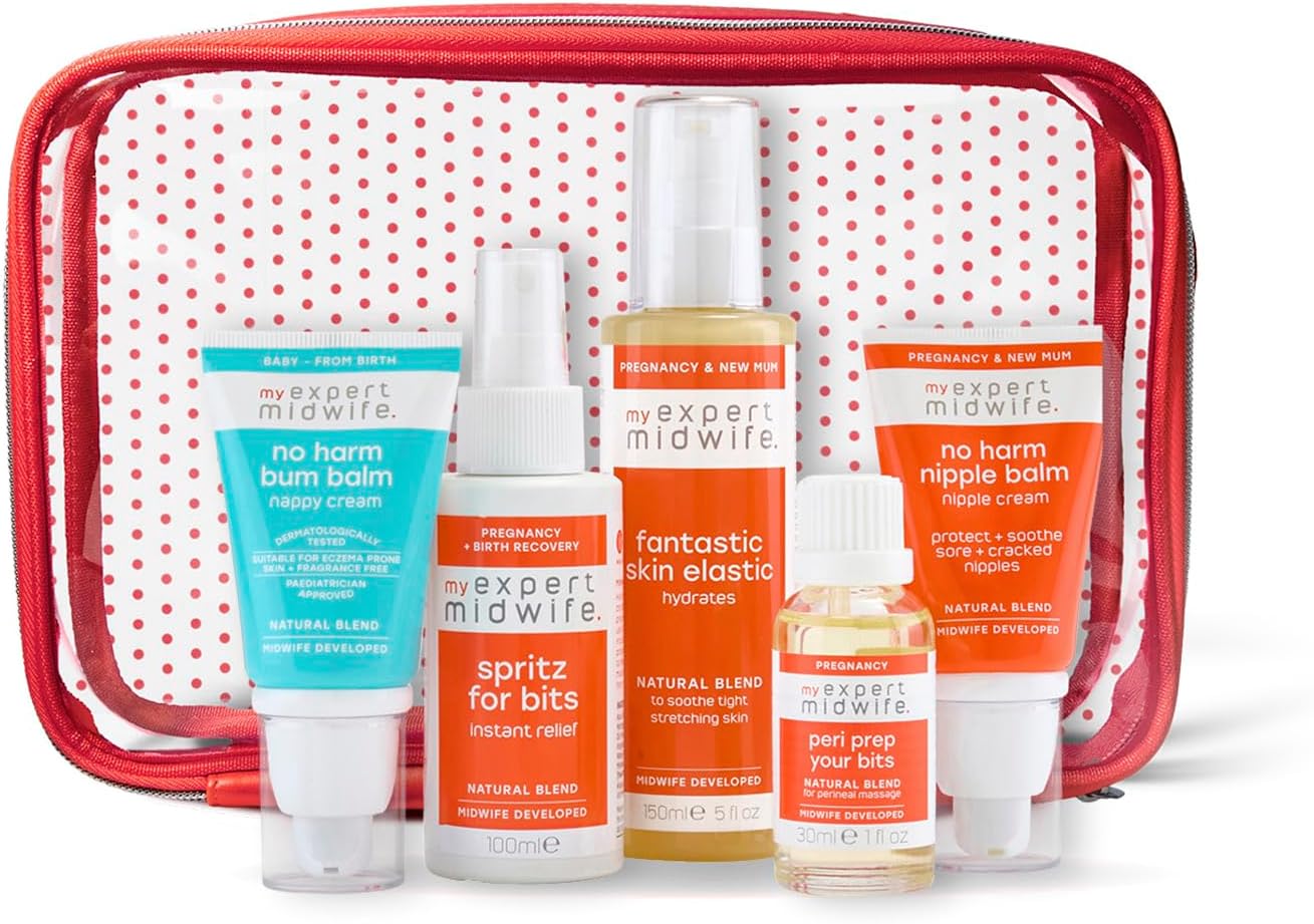 My Expert Midwife Mum to Be Pregnancy and Postpartum Essentials for hospital bag (Pack of 5) Spritz for Bits, Fantastic Skin Elastic, Peri Prep Your Bits, No Harm Nipple Balm & No Harm Bum Balm
